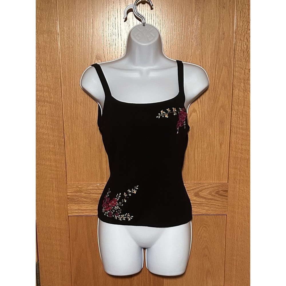 Vintage Y2K Joseph A. 100% Silk Floral Chic Embroidered Black Tank Top Women's S